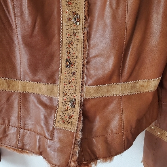 Vtg Y2K Cache Lamb Leather Fur Trim Sueded Gemstone Jacket Size Medium - Picture 6 of 16